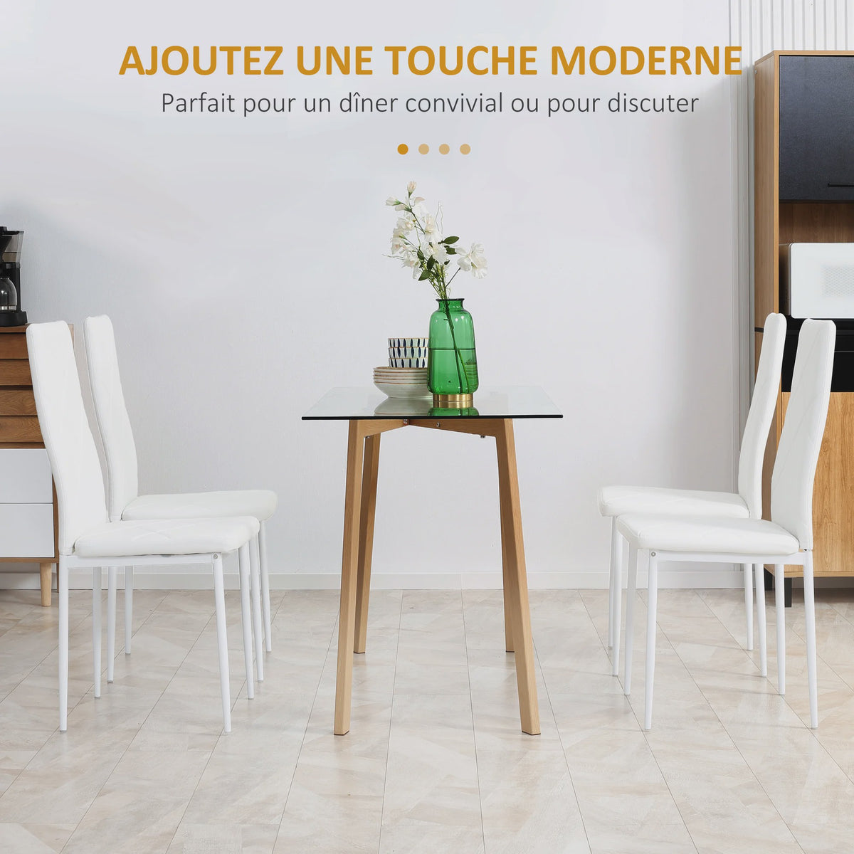 Set van 4 Witte Eetkamerstoelen met Synthetische Bekleding en Stalen Poten