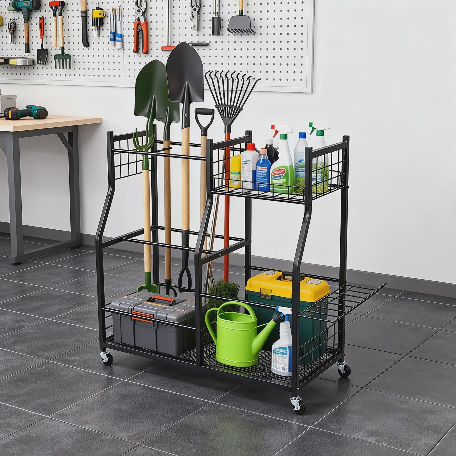 Mobiele Tuingereedschap Organizer - 3-Laags Metalen Rek met Wielen