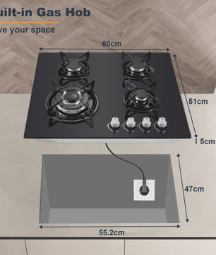 Inbouw Gasfornuis 60cm met 4 Branders | Gehard Glas | Automatische Ontsteking & Veiligheid
