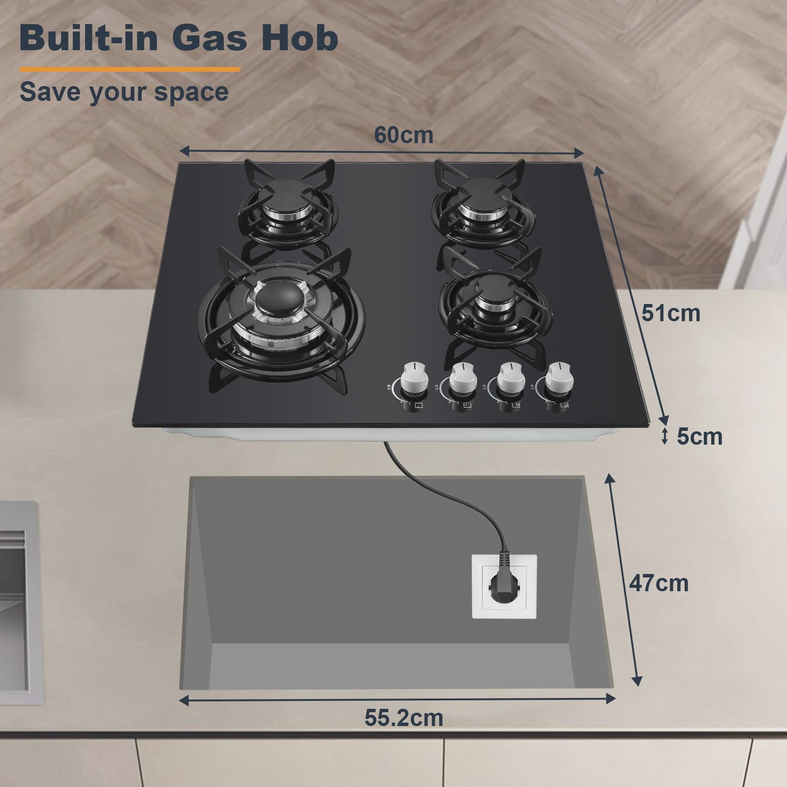 Inbouw Gasfornuis 60cm met 4 Branders | Gehard Glas | Automatische Ontsteking & Veiligheid