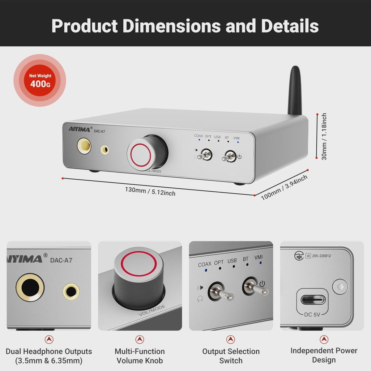 AIYIMA DAC-A7 Mini Desktop DAC & Hoofdtelefoonversterker met Bluetooth 5.4