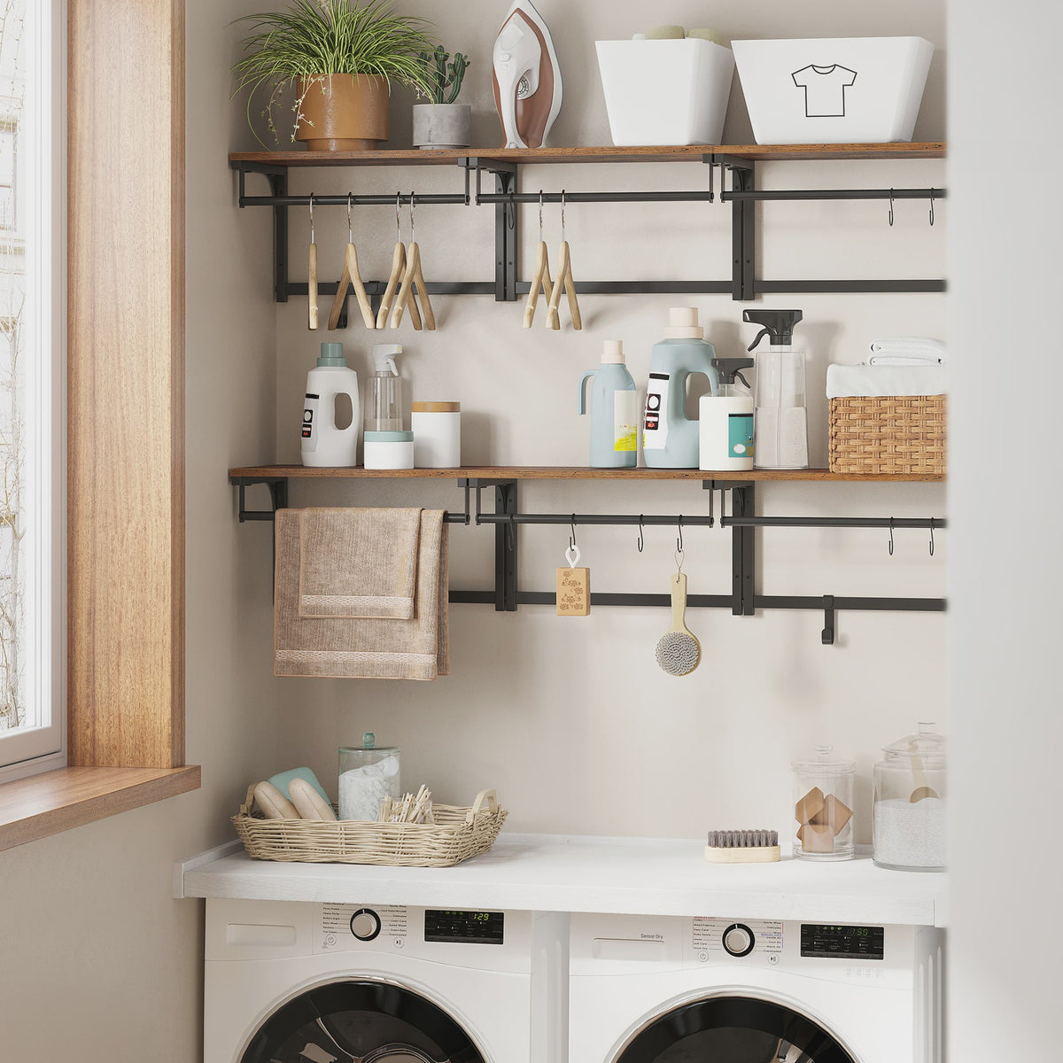 Wandkapstok met Plank en 8 Haken - Industrieel Design, 40x24x24 cm