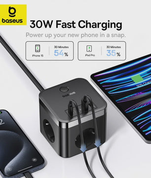 Baseus 7-in-1 GaN Power Strip: 30W Snellader met 3 Stopcontacten, 2x USB-A & 2x USB-C PD
