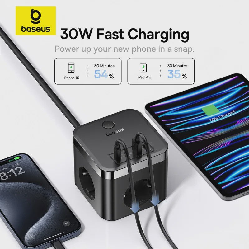 Baseus 7-in-1 GaN Power Strip: 30W Snellader met 3 Stopcontacten, 2x USB-A & 2x USB-C PD