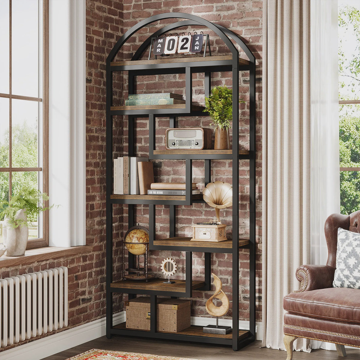 Industriële Boekenkast 71 inch Hoog met Boogvormig Design en Open Vakken - Stijlvolle Opbergoplossing