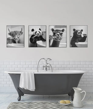 Grappige Poster Set: Zwart-Wit Dieren Poetsen Tanden - Canvas Kunst voor Woonkamer & Slaapkamer
