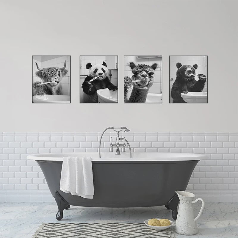 Grappige Poster Set: Zwart-Wit Dieren Poetsen Tanden - Canvas Kunst voor Woonkamer & Slaapkamer