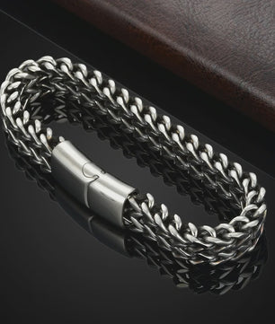 Stoere RVS Dubbele Riem Armband met Magnetische Sluiting - Visgraat Patroon