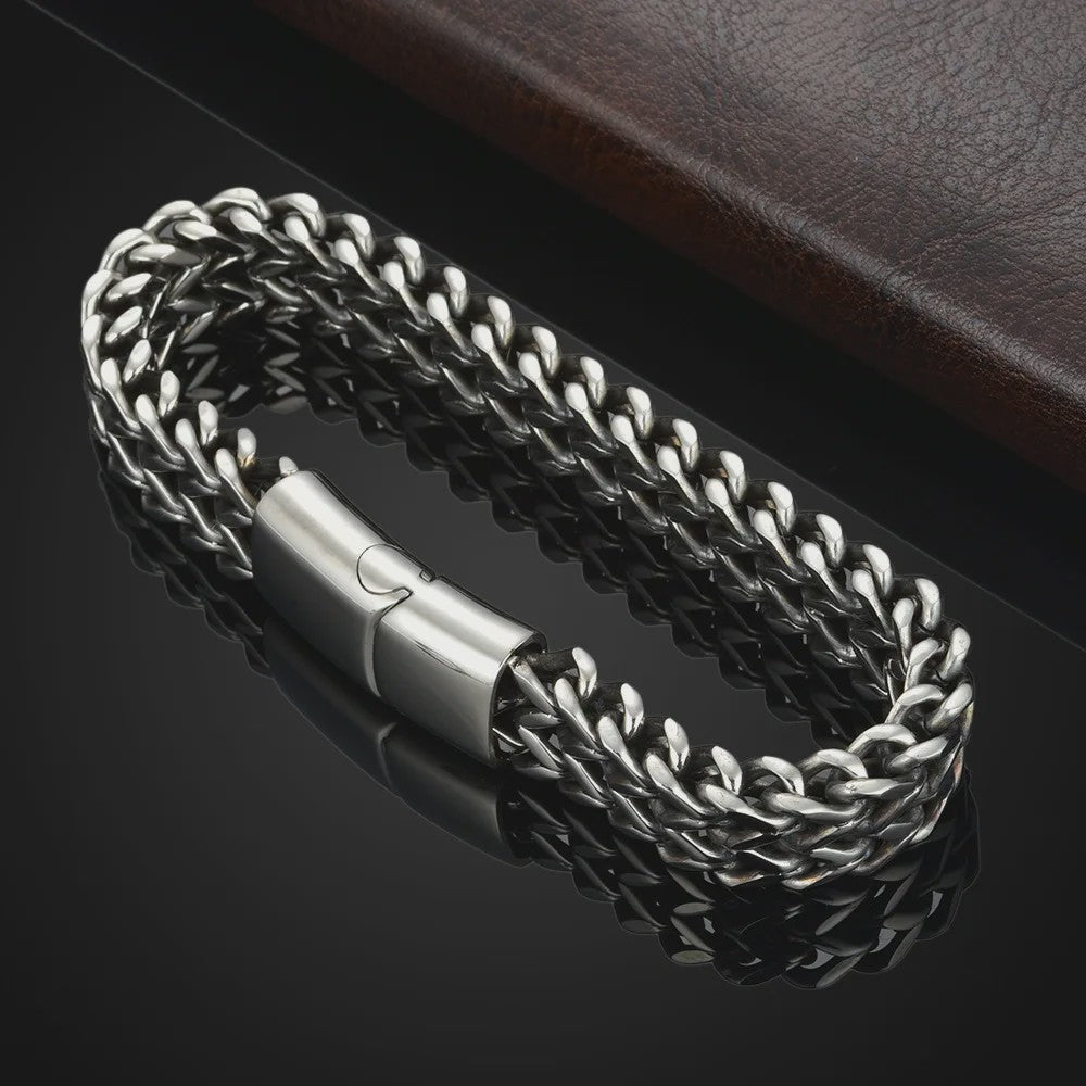 Stoere RVS Dubbele Riem Armband met Magnetische Sluiting - Visgraat Patroon