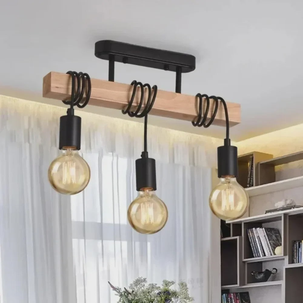 Retro Houten Plafondlamp met 3xE27 Fitting - Vintage Boho Stijl