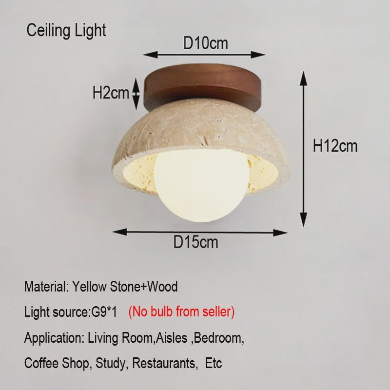 Wabi Sabi Stijl Plafondlamp - Natuursteen Look met Houten Accent