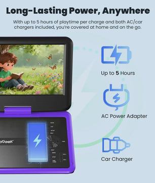 IeGeek Draagbare DVD Speler 11.5 inch met 9.5 inch HD Scherm - Paars, 5 Uur Batterij, USB/SD, TV Sync - Ideaal voor Kinderen en Reizen