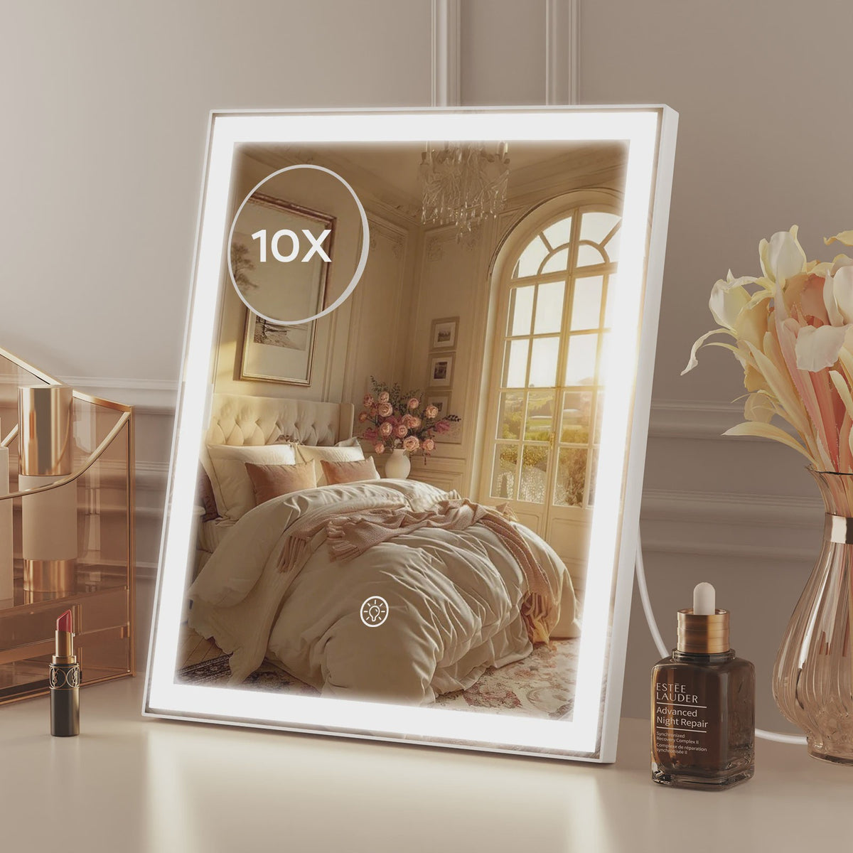 Verstelbare LED Make-up Spiegel met 10x Vergroting, Touchscreen & USB Oplaadbaar - 3 Kleuren & Dimbaar