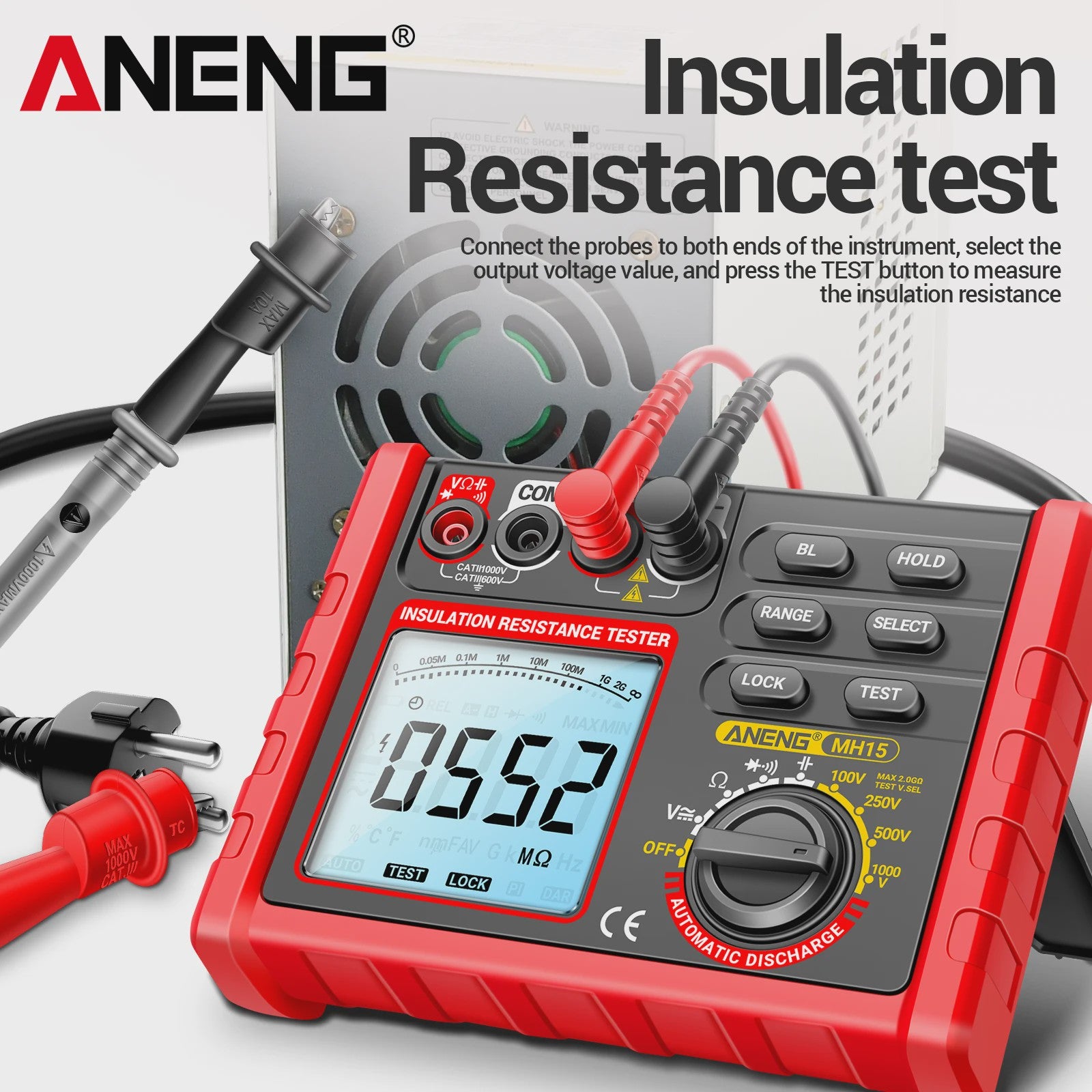 ANENG MH15 Digitale Isolatiemeter - 6000 Counts Weerstandsmeter met 100V/250V/500V/1000V Testspanning