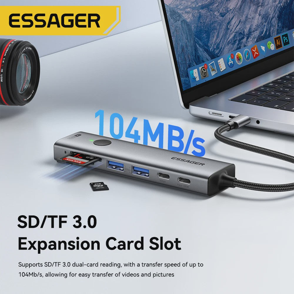 Essager 7-in-1 USB-C Hub: 4K HDMI, 100W PD, USB 3.0 & SD/TF Kaartlezer