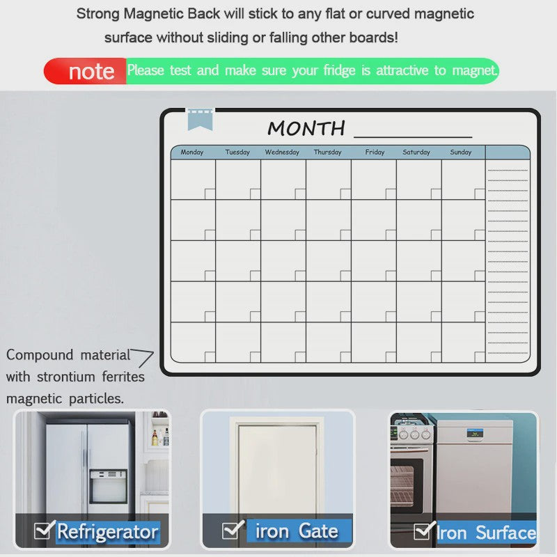 Magnetisch Whiteboard Kalender A3: Maandelijkse & Wekelijkse Planner, Krasvrij & Uitwisbaar voor Koelkast