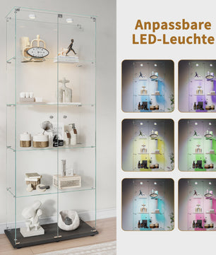 Glazen Vitrinekast met 5 Legborden, LED Verlichting en Slot - Zwart