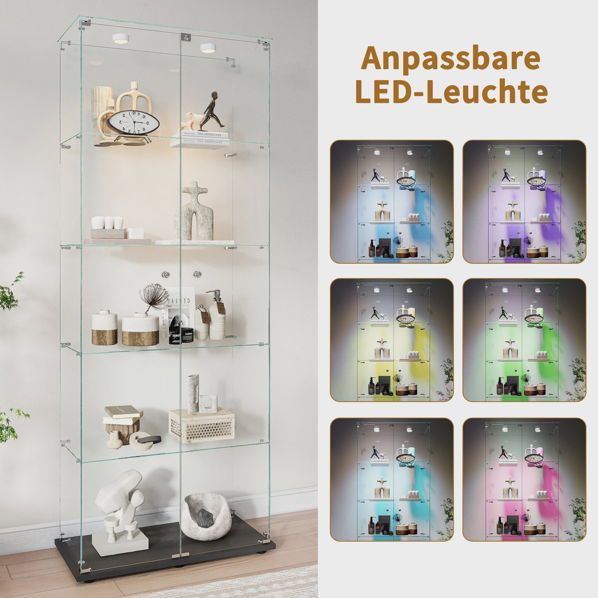 Glazen Vitrinekast met 5 Legborden, LED Verlichting en Slot - Zwart