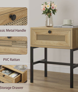 Nachtkastje Rotan Hout met Lade - Boho Bijzettafel met Metalen Frame
