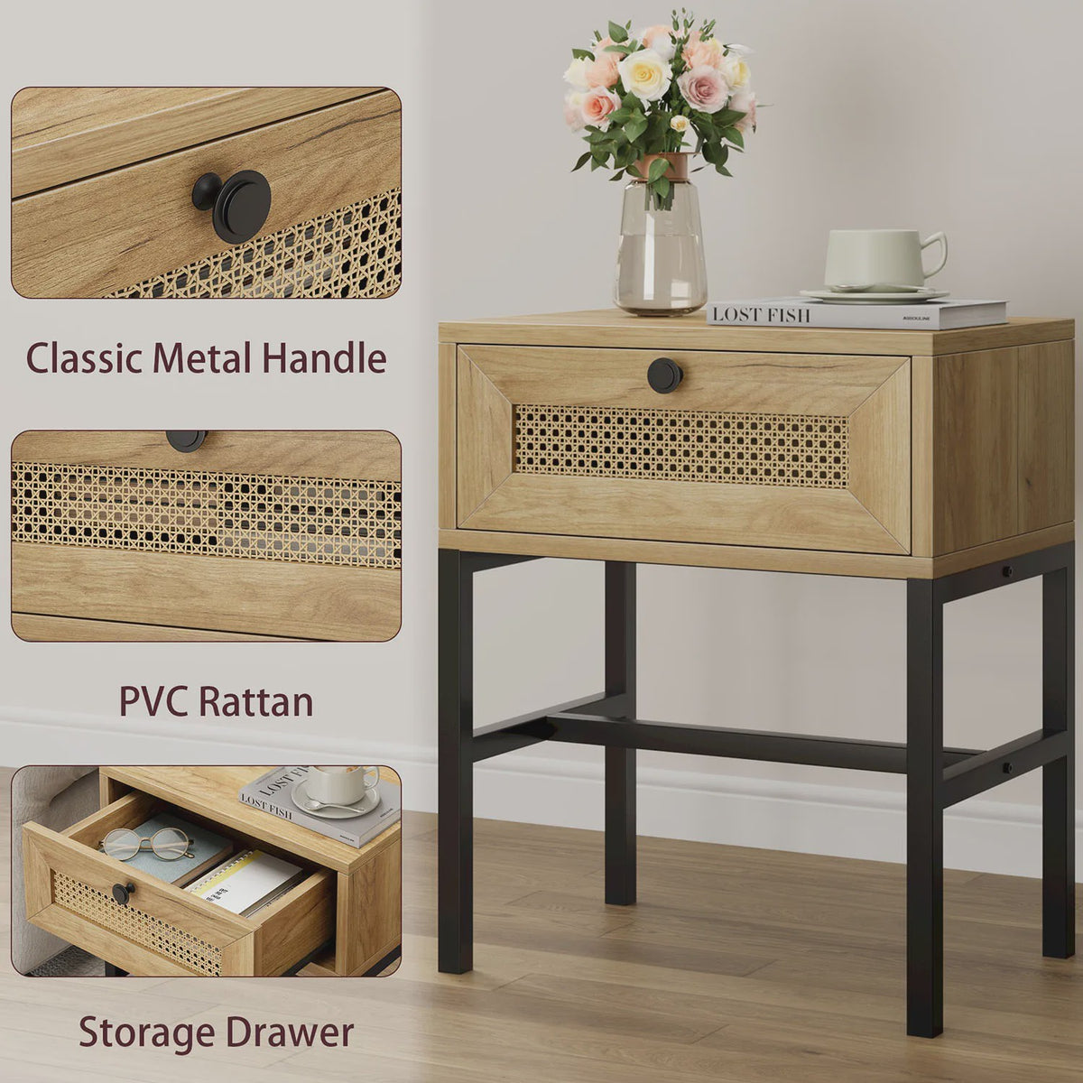 Nachtkastje Rotan Hout met Lade - Boho Bijzettafel met Metalen Frame