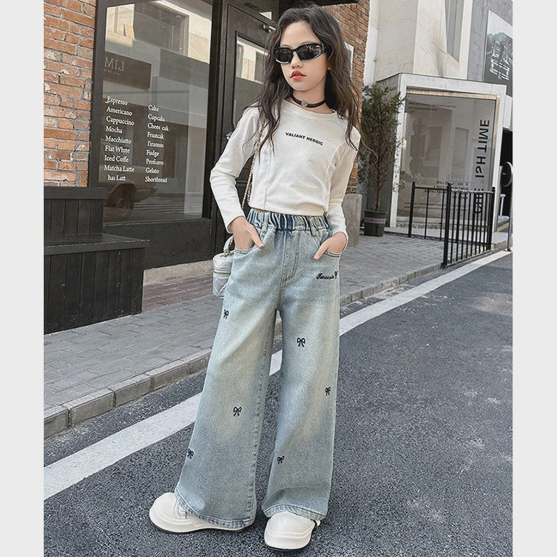 Modieuze Jeans met Strikjesprint voor Meisjes (4-14 jaar) - Wijde Pijpen Denim Broek