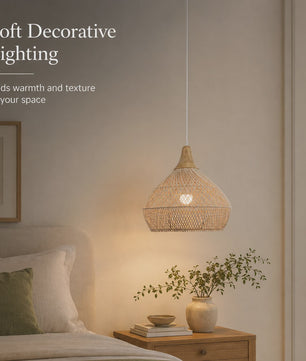 Boho Rotan Hanglamp met Houten Top - Sfeervolle Verlichting voor Woonkamer, Keuken & Eetkamer