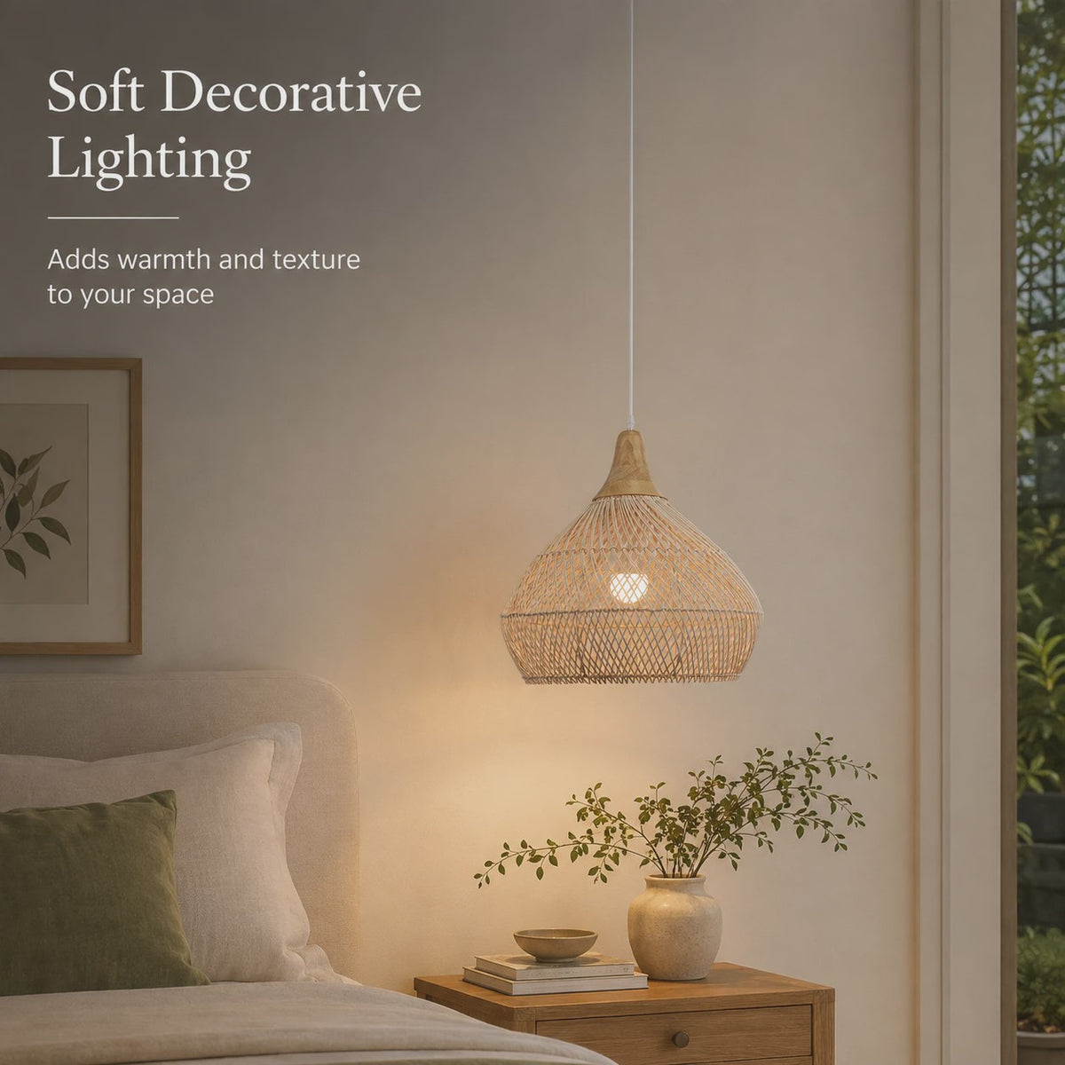 Boho Rotan Hanglamp met Houten Top - Sfeervolle Verlichting voor Woonkamer, Keuken & Eetkamer
