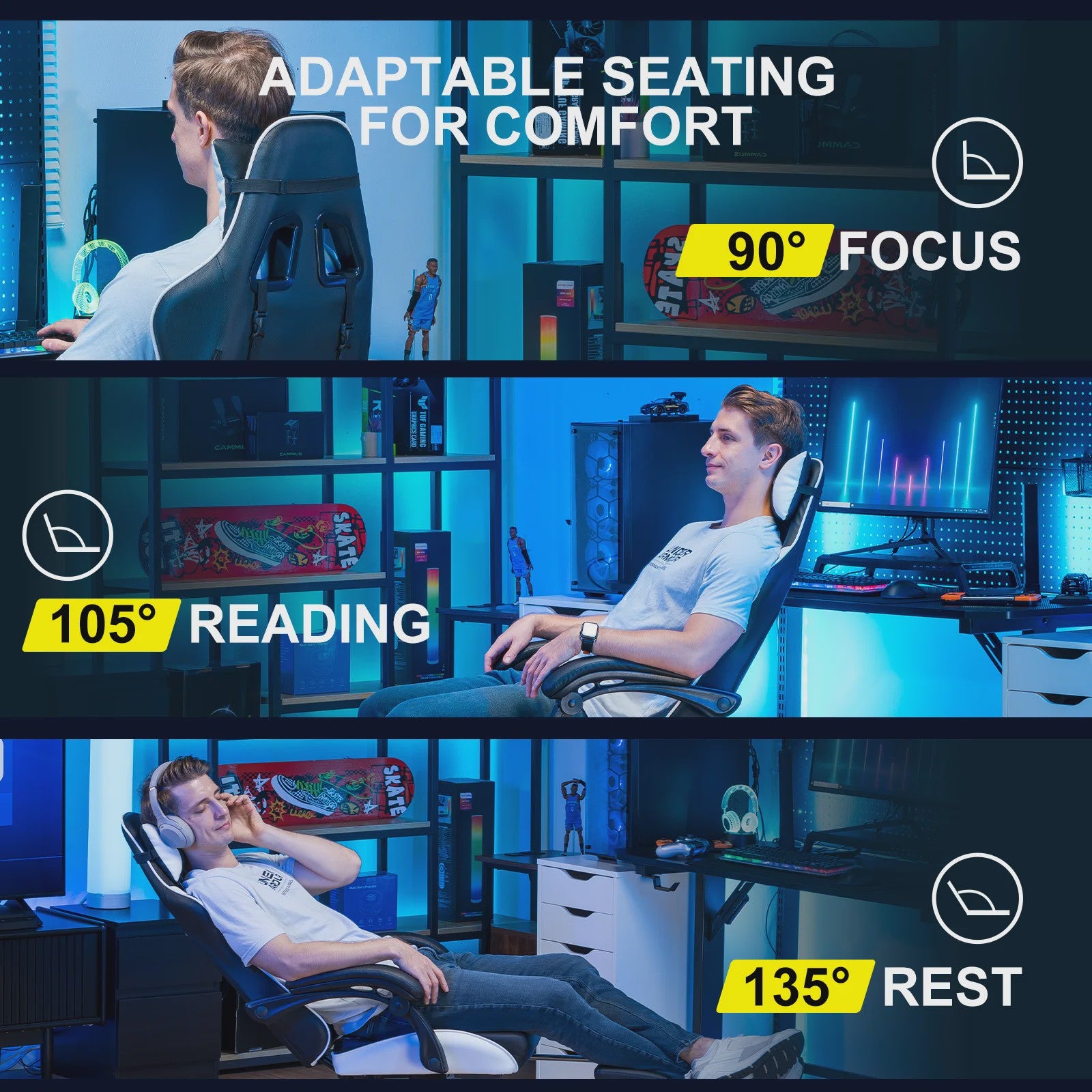 Ergonomische GTPLAYER Gaming Chair met Voetensteun en Verstelbare Kussens - Comfortabel Gamestoel & Kantoorstoel