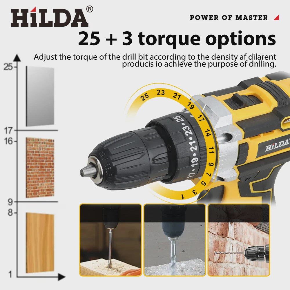 HILDA 21V Accu Schroefmachine met Klopboorfunctie - 25+3 Draaimomenten & 2 Versnellingen