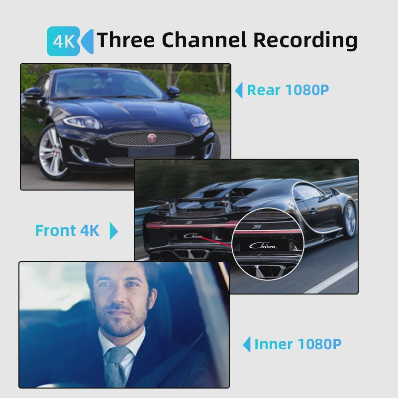 4K 3-Kanaals Dashcam met Infrarood Interne Camera, WIFI, GPS & Parkeermodus - 3'' LCD