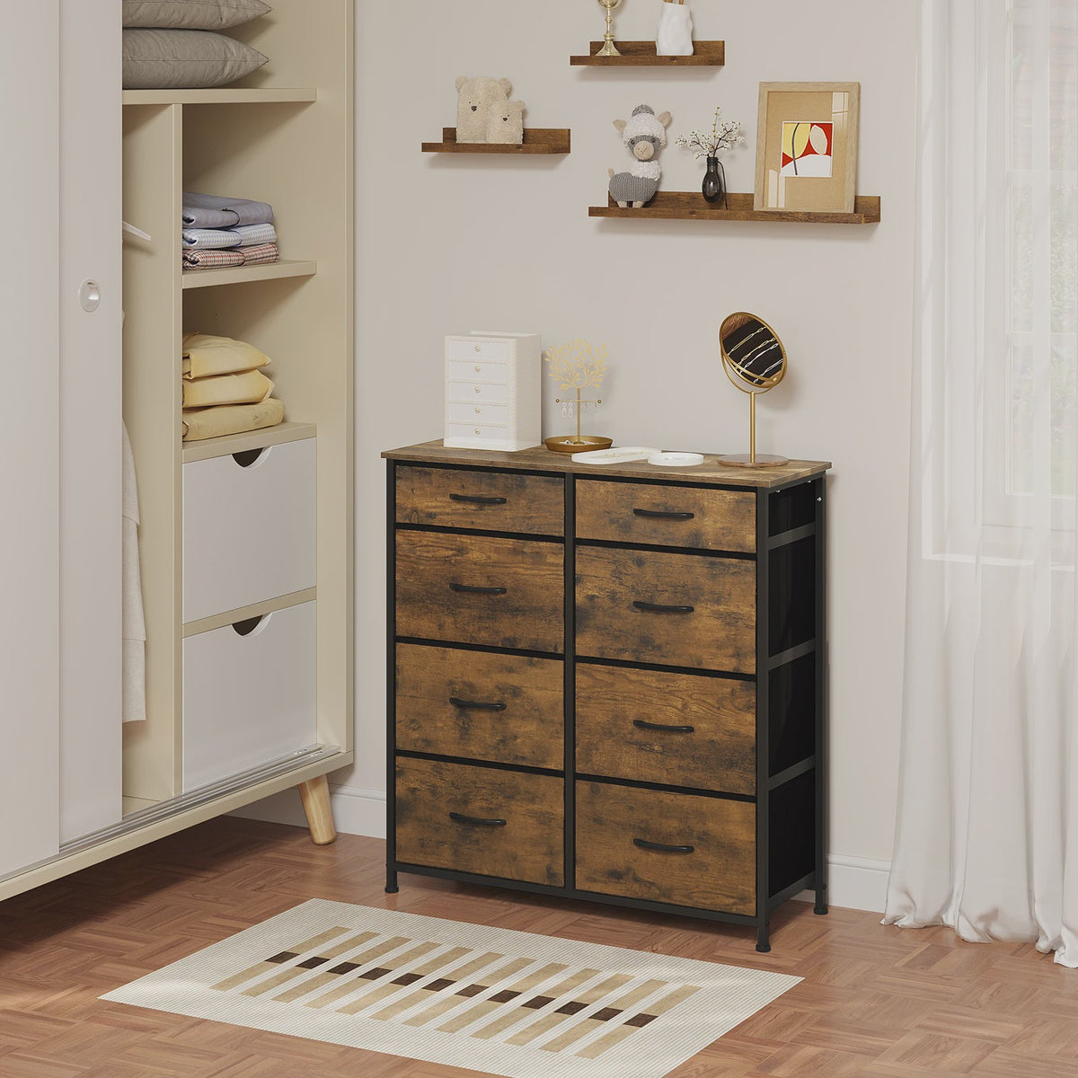 Ladekast Sideboard met 8 Stoffen Lades - Industriële Stijl - Woonkamer, Slaapkamer, Hal