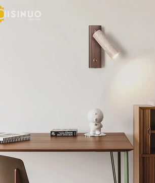 Wabi-Sabi Wandlamp Natuurlijk Geel Travertin Steen met Houten Basis & Draaibare Kap