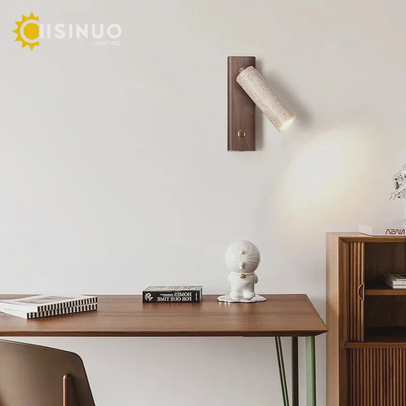 Wabi-Sabi Wandlamp Natuurlijk Geel Travertin Steen met Houten Basis & Draaibare Kap