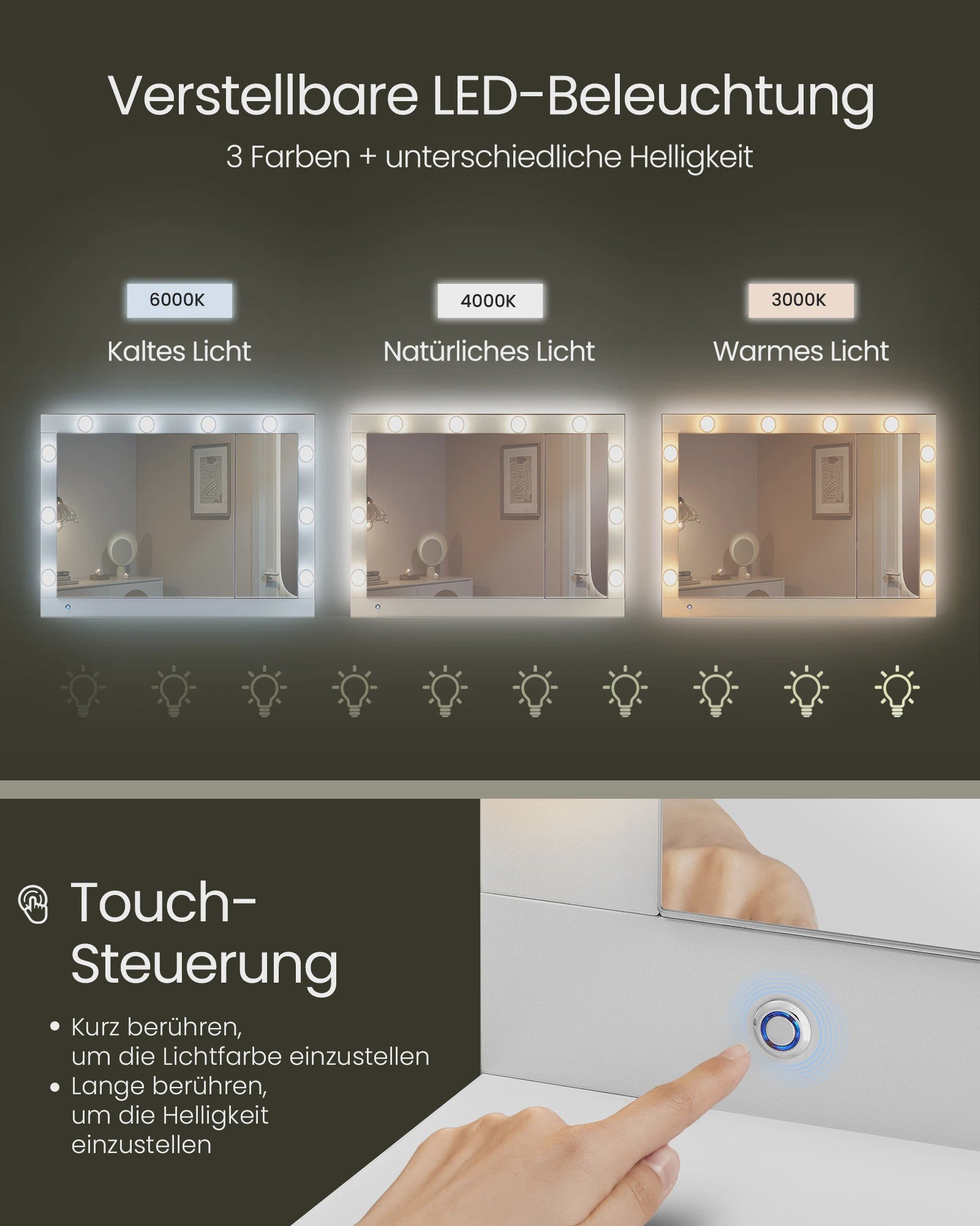 VASAGLE Kaptafel met LED Verlichting, Spiegel, Sieradenkast & Stopcontacten