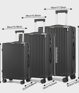 Set van 3 Zwarte Hardcase Koffers met TSA-slot en Dubbele Wielen (M/L/XL)