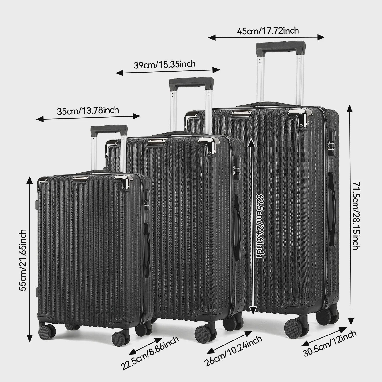Set van 3 Zwarte Hardcase Koffers met TSA-slot en Dubbele Wielen (M/L/XL)