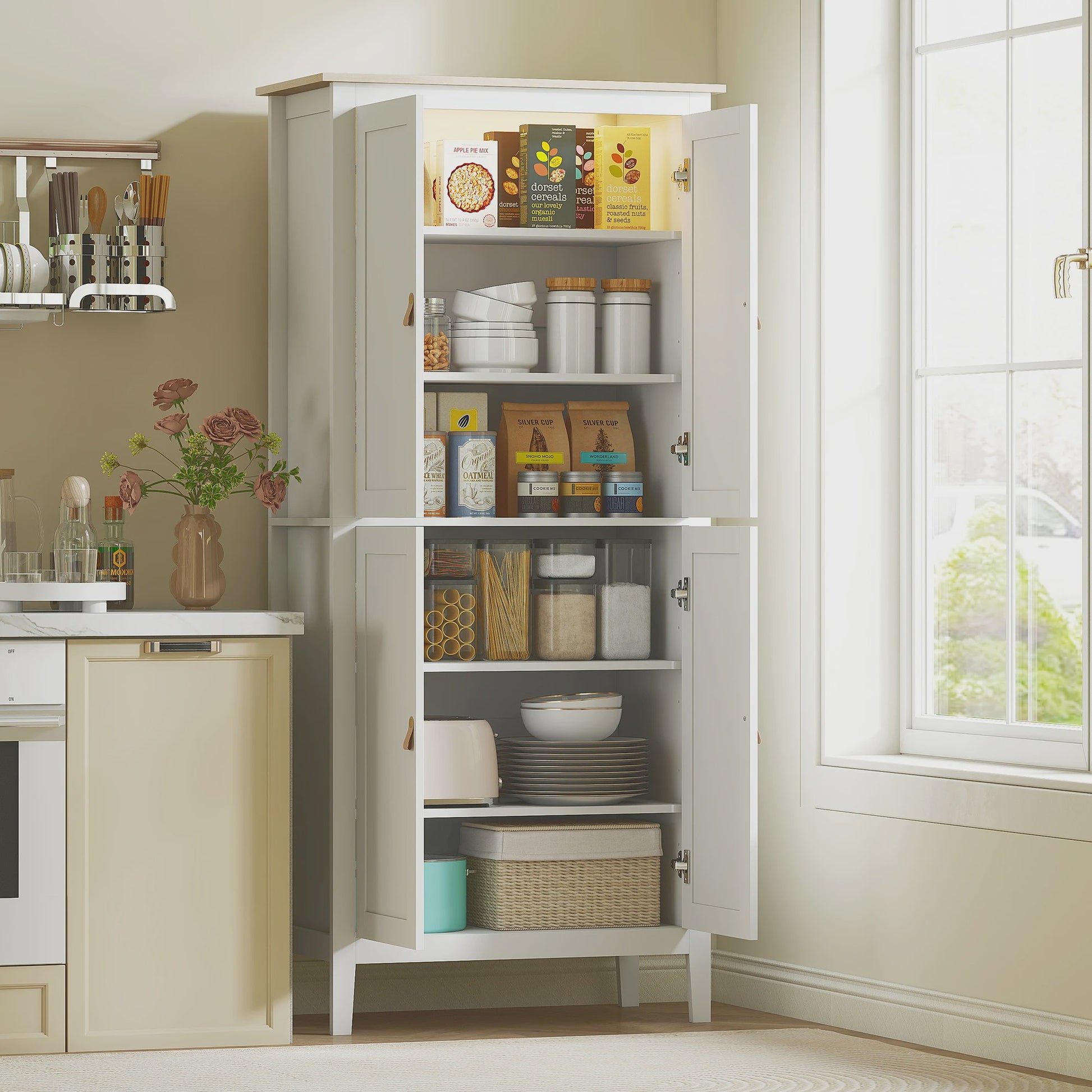 Homcom Hoge Keukenkast met LED Verlichting en Bewegingssensor - 176.5 cm