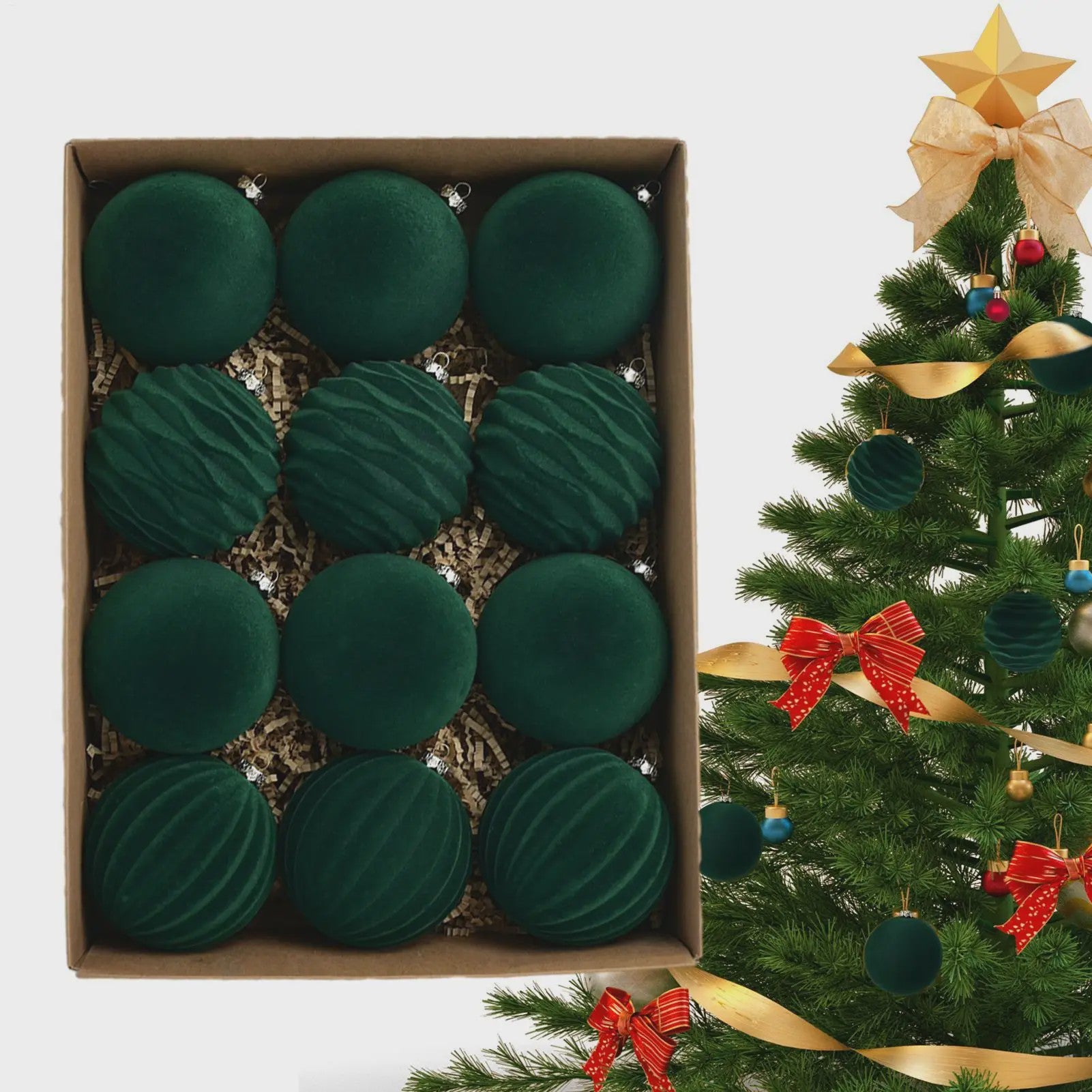 Set van 12 Luxe Fluweel Kerstballen - Fluwelen Kerstboom Decoratie