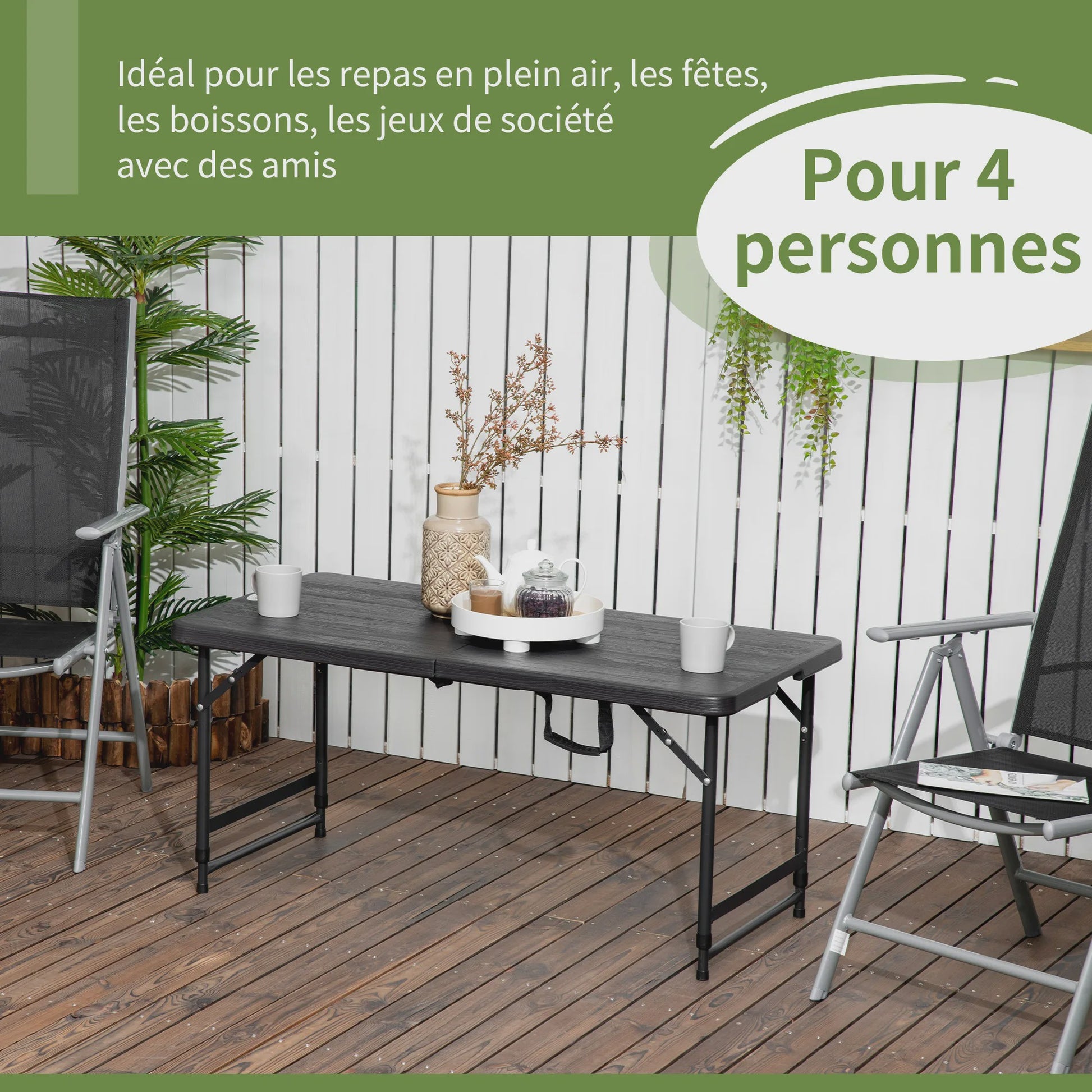 Outsunny Opvouwbare Campingtafel voor 4 Personen - In hoogte Verstelbaar, 118x60x74 cm