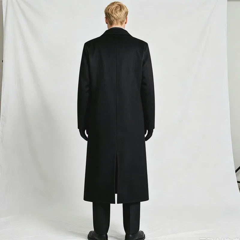 Compleet Heren Zwart Kostuum: Lange Trenchcoat, Vest, Shirt, Stropdas & Handschoenen