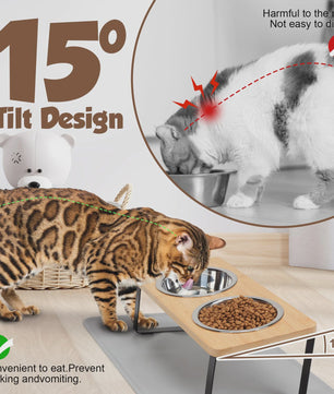 Verhoogde Kattenvoerbak met Mat - 15° Kantelbaar - Dubbele RVS Voerbakken