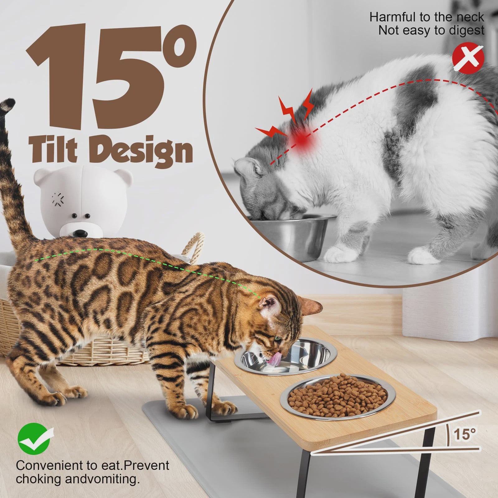 Verhoogde Kattenvoerbak met Mat - 15° Kantelbaar - Dubbele RVS Voerbakken