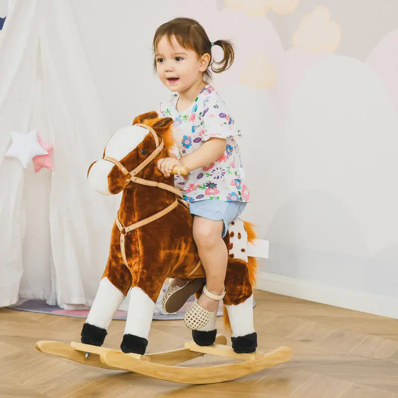 Houten Schommelpaard met Dierengeluiden - Bruin, 74x28x65 cm