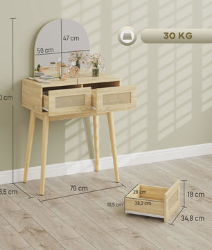 Moderne Kaptafel met Spiegel en Rotan Lades - Natuurlijk Houtkleurig
