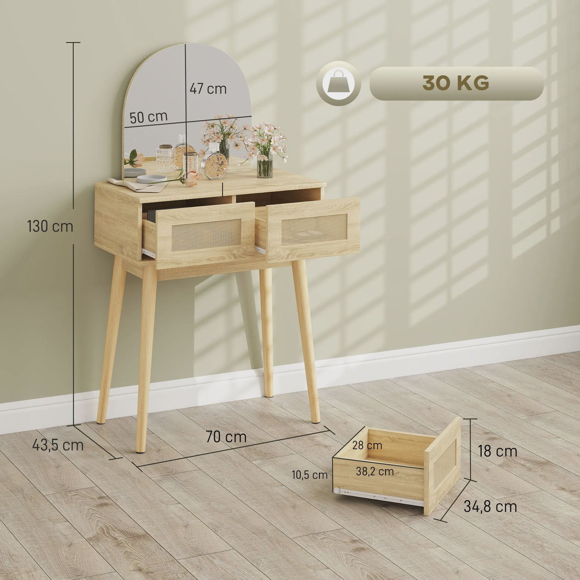 Moderne Kaptafel met Spiegel en Rotan Lades - Natuurlijk Houtkleurig