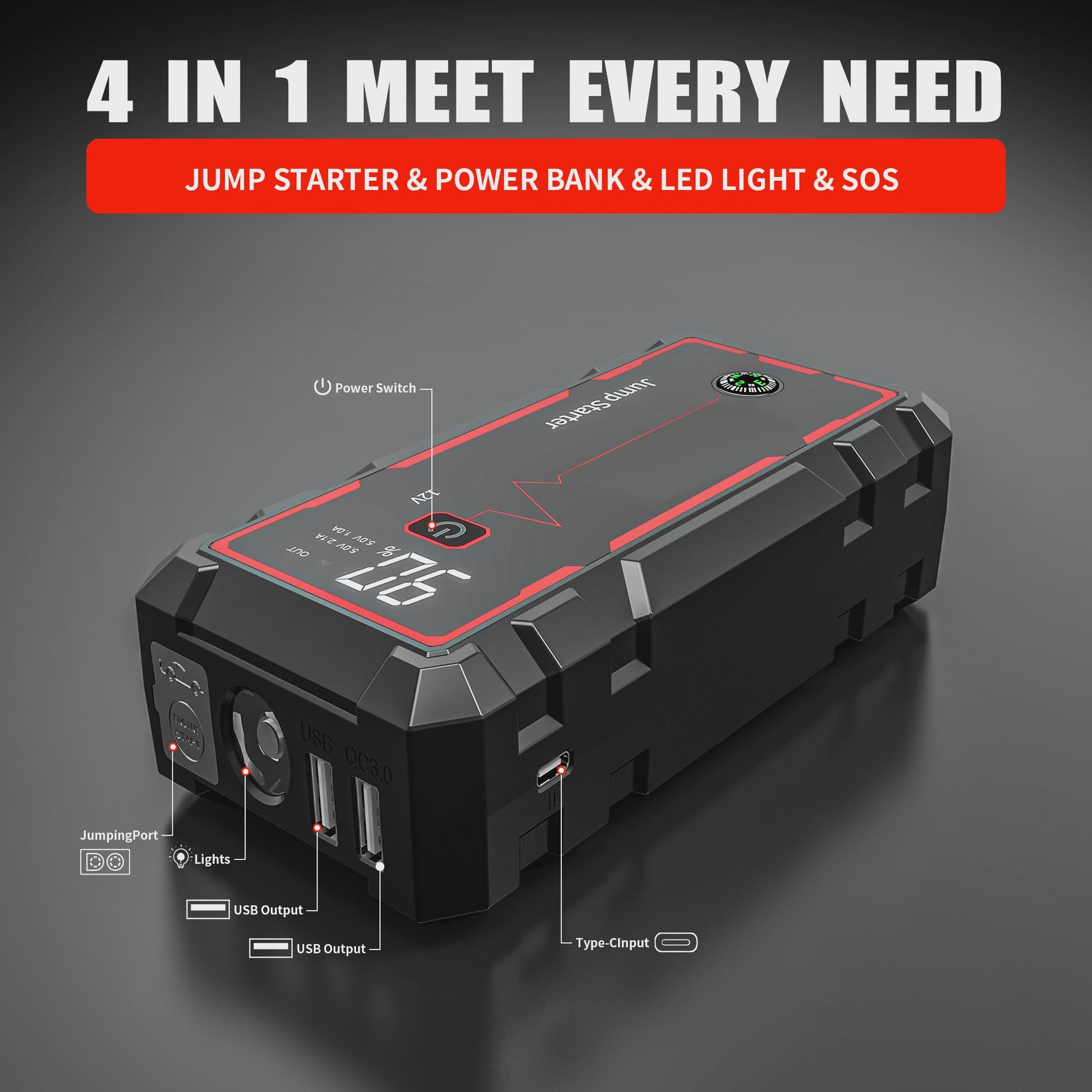 AntPower 12000mAh Jump Starter 1600A - Noodstroom & Powerbank voor 12V Voertuigen