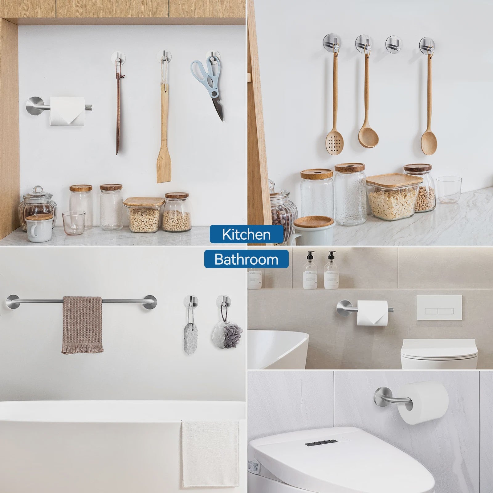 60cm Wandrek met Toiletrolhouder en 4 Haken - Complete RVS Badkamer Set
