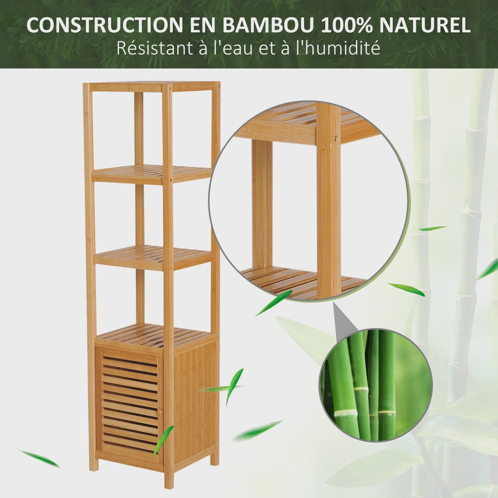 HOMCOM Bamboe Kolomkast Badkamer - 4 Niveaus met Kastje - 140 cm Hoog