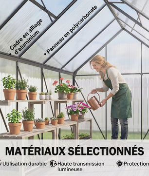 Outsunny Polycarbonaat Aluminium Tuinkas met Fundering - Schuifdeur & Verstelbaar Raam - 190x199 cm