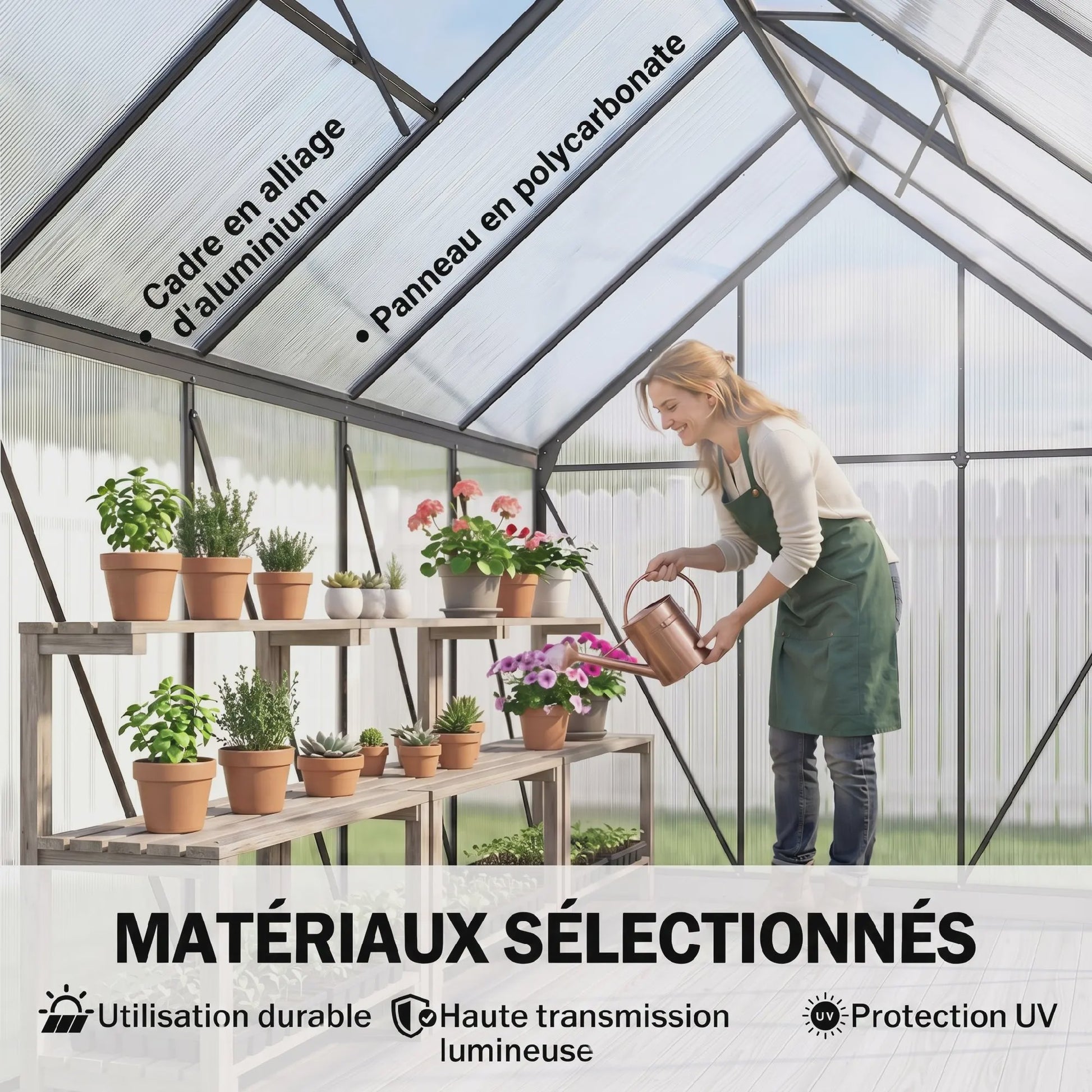 Outsunny Polycarbonaat Aluminium Tuinkas met Fundering - Schuifdeur & Verstelbaar Raam - 190x199 cm